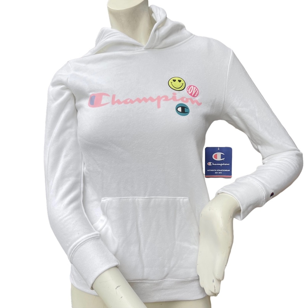 Champion White Pullover Logo Sweatshirt with Smiley Face and "Love" Youth Medium